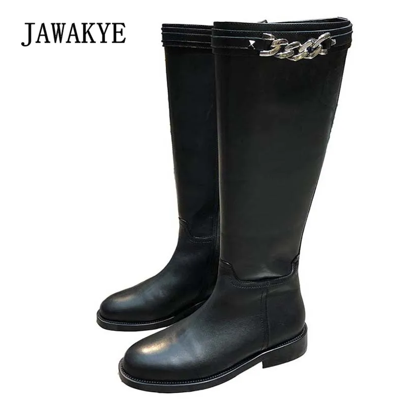 

2018 Chic Chain Knee High Boots Woman Round Toe Side Zipper Real Leather Long Boots Women Fashion Knight Boots