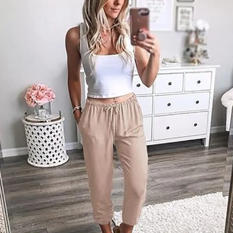 

Women's Casual Sports Drawstring Low-waist Cropped Pants Beach Party Trousers