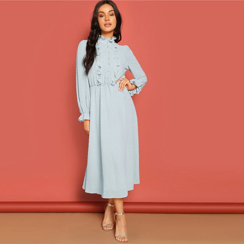 SHEIN Frill and Lace Trim Half Placket Dot Jacquard Long Dress Stand Collar Midi Dress Women Long Sleeve A Line Elegant Dress