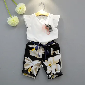 

Summer Female Baby T-shirt + Pants Kids Tops Large Flower Belt Pants 2 Sets Korean Children's Clothing 2-6 Years
