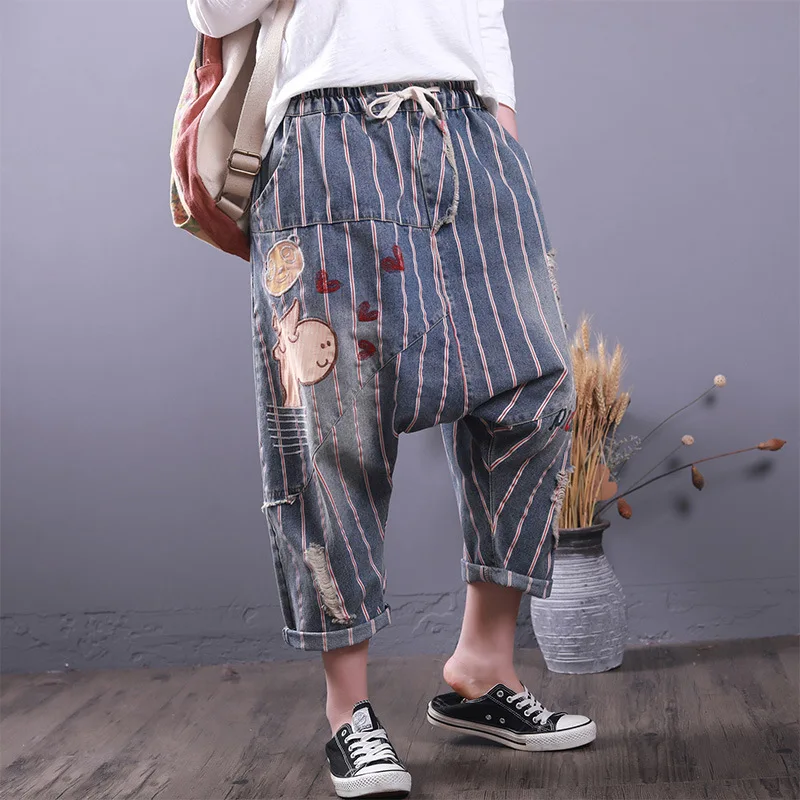 

Spring Autumn Jeans Women Retro Loose Casual Denim Pants New Elastic Waist Striped Patchwork Character Streetwear Trousers
