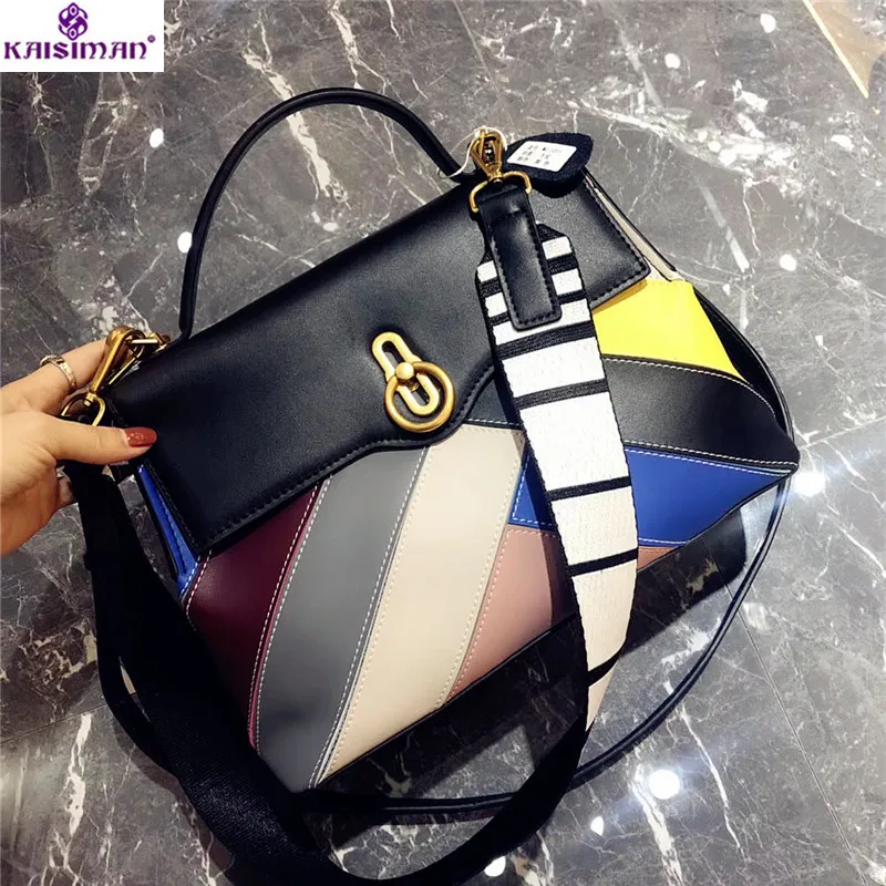 

2018 New Genuine Leather Panelled Wide Straps Shoulder Bags Luxury Fashion Famous Designer Cow Leather Women Handbags Sac A Main