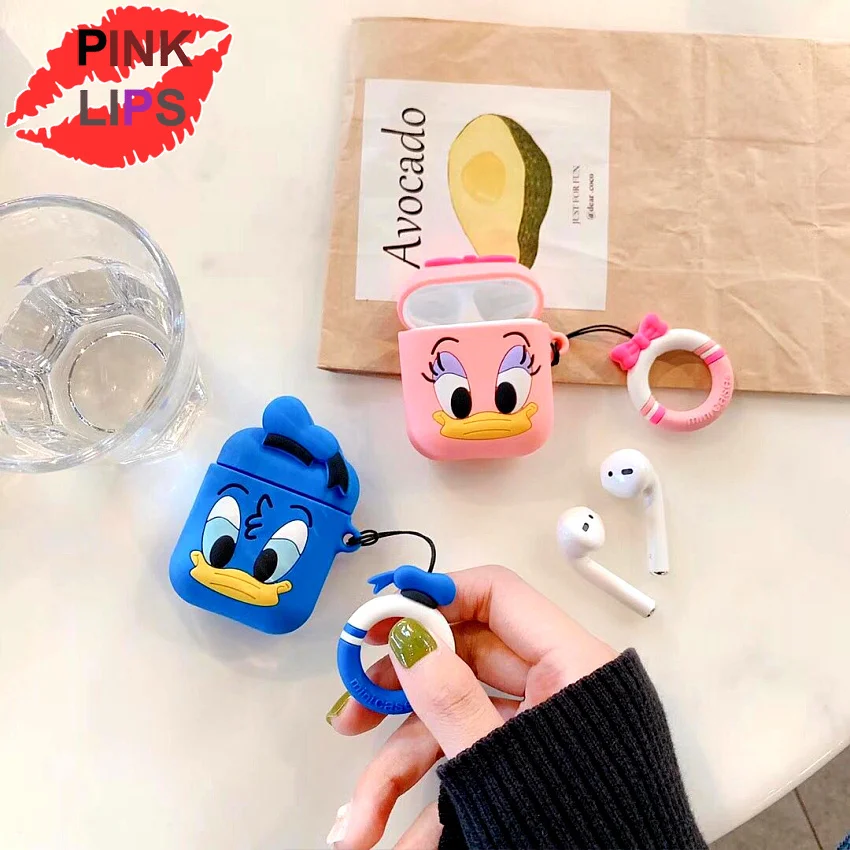 

PINK LIPS Super cute Duck Silicone Case For Apple Airpods Accessories Bluetooth Earphone Protective Cover Bag Finger Ring