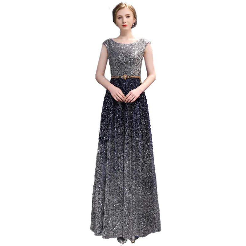 

Starry Gradient Elegant Ceremony Party Prom Gown Formal Gala Luxury A Line Crystal Sash Backless Long Evening Dresses