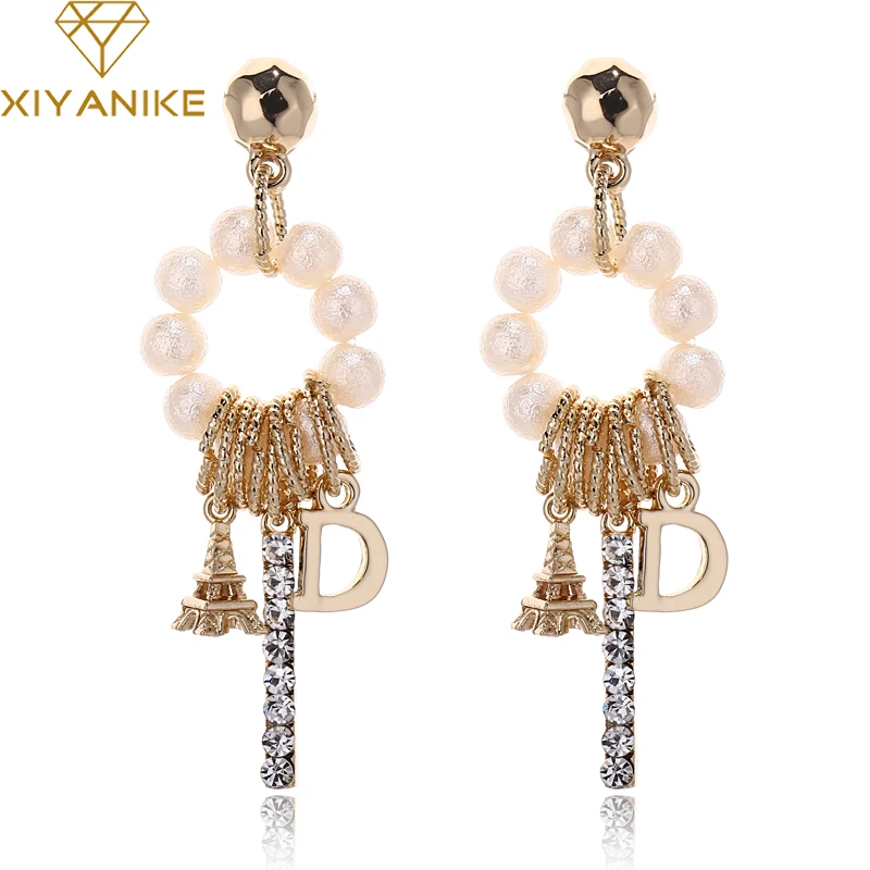 

XIYANIKE Korean Style Charm Imitate Pearl Circle Cute Tower Letter Drop Earrings For Women New Design Statment Jewelry Gift E637