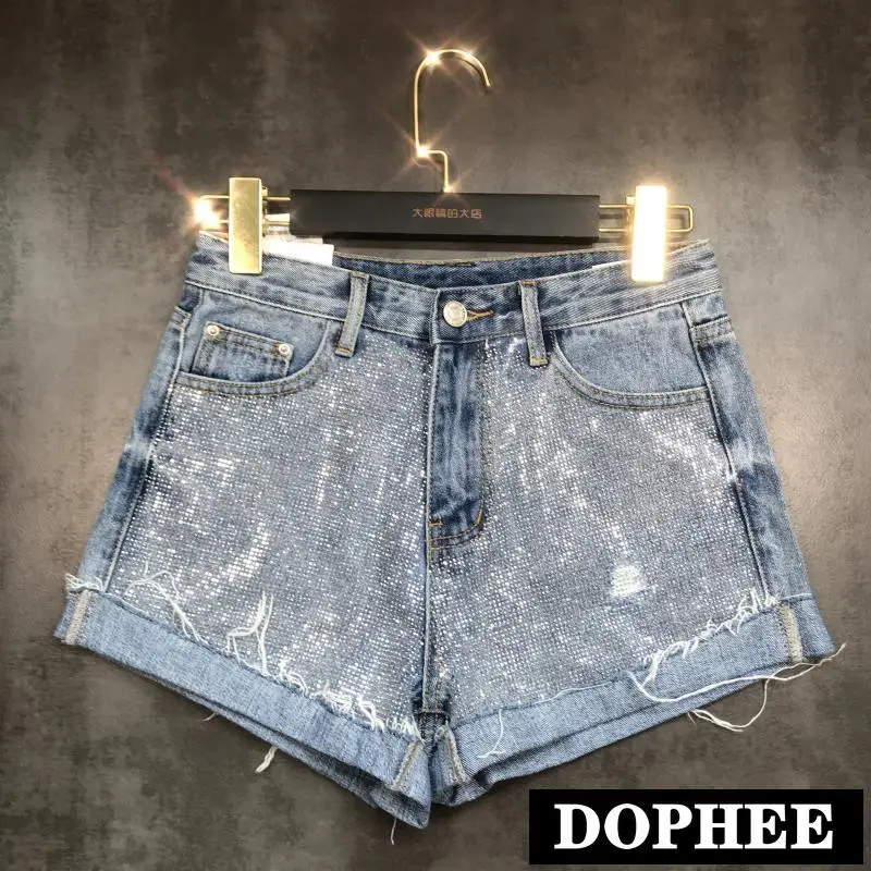 

2019 Summer New Starry Rhinestone Hot Drilling Shiny Cuffed Three Points Denim Shorts Women HotPants For Girls