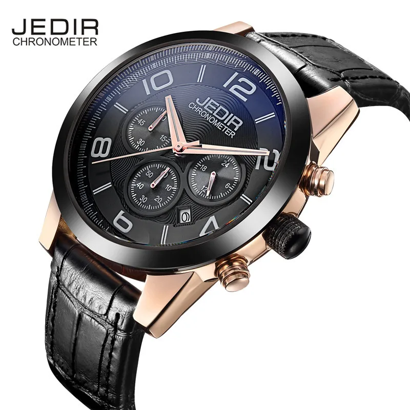 

JEDIR Number Nail Scale Multifunction Sub Dials Leather Strap Quartz Movement Hardlex Buckle Business Men Watch