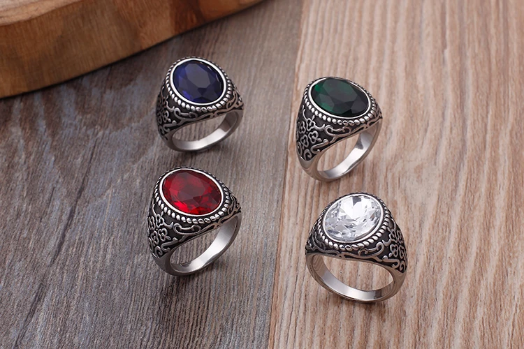 Высокое качество стразы кольцо для Для мужчин Винтаж Нержавеющая сталь обручальное кольцо синий и красный цвета зеленый прозрачный кольцо с большим камнем вечерние Титан ювелирные изделия