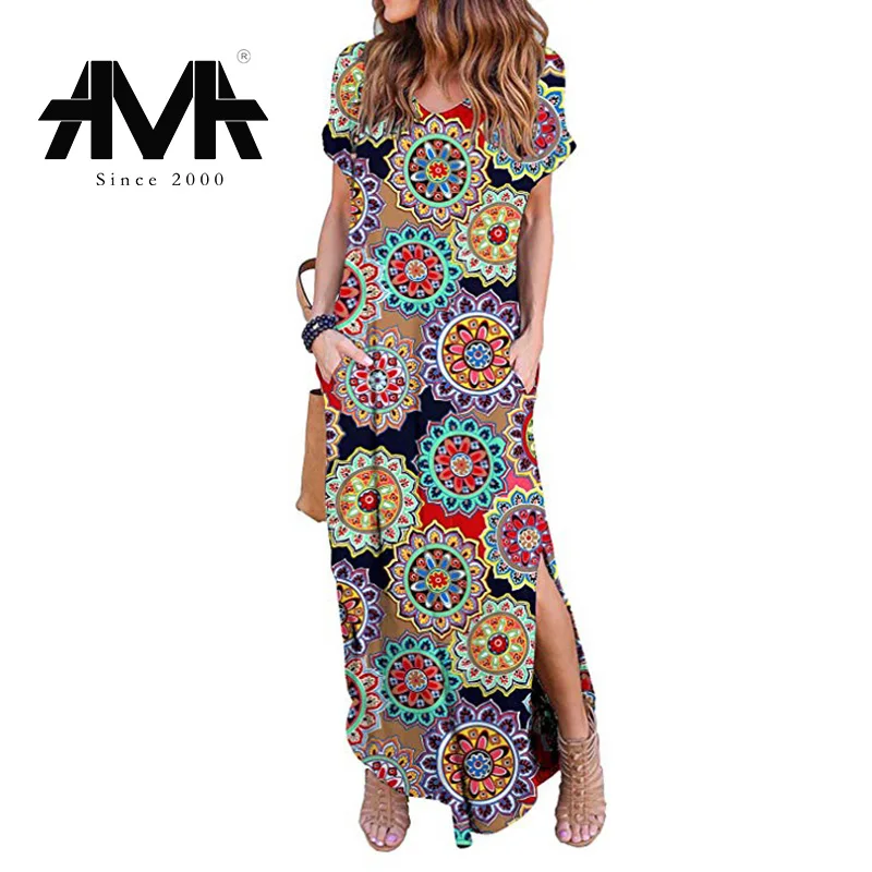 

2019 Summer Dress Bohemia Print Short Sleeve O-Neck Ankle-Lengh Straight Slit Dress