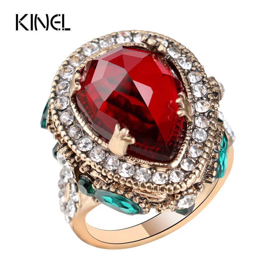 2017 Nové luxusní vintage svatební prsteny pro ženy Červené křišťálové barvy Starožitné zlaté Punk Party koktejlové prsteny Turecké šperky