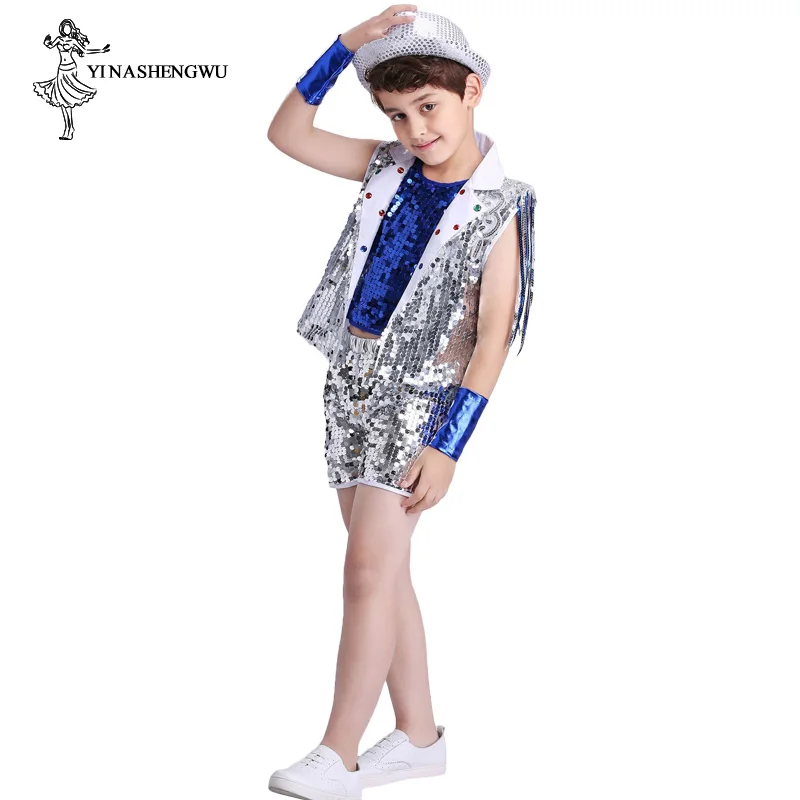 Jazz Dance Costumes for Boy children host performance Sequins Costume Stage Street Dance Drum Show Catwalk Dance Show Sequin Set
