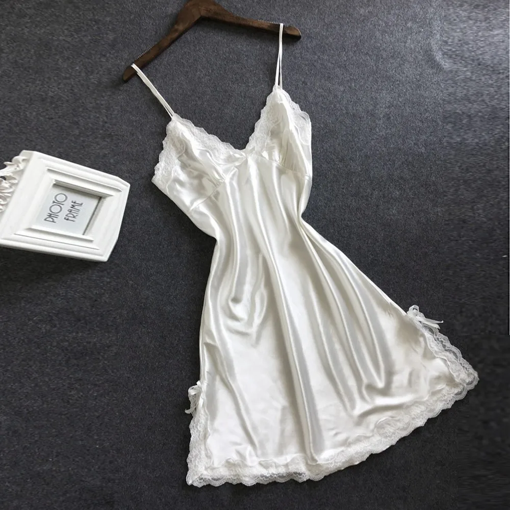 

2020 Sleepwear Women Nightgowns Solid Sexy Bowknot Lace Lingerie Babydoll V-neck Sleepdress Underwear New Vintage Dress Women