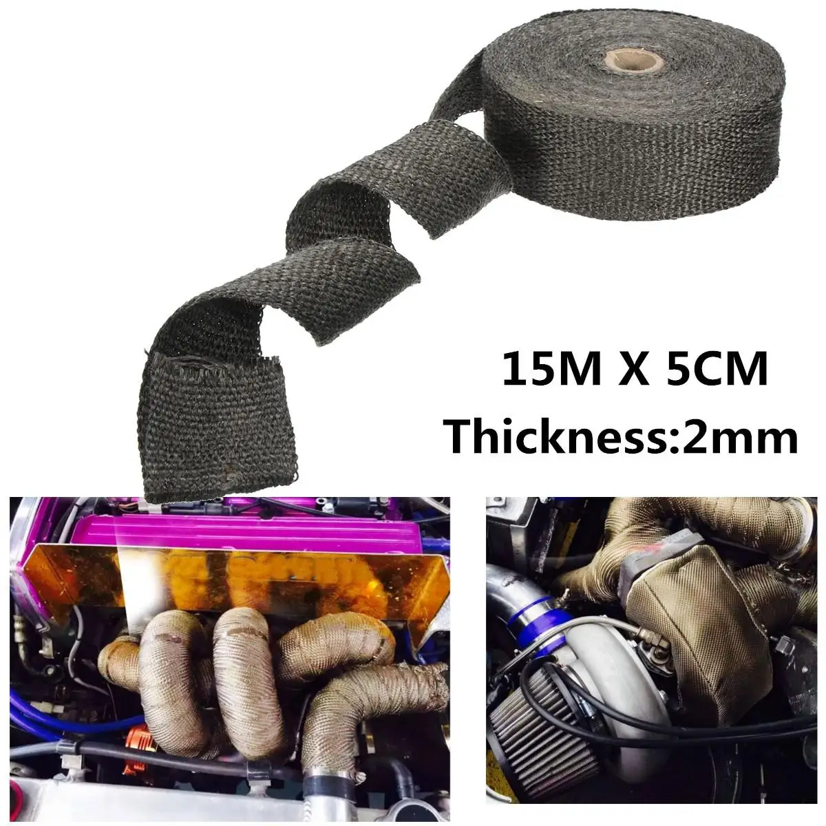 15mx5cmx2mm Black Exhaust Header Pipe Wrap Heat Insulation Virgin Glass