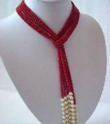 

Free shipping hot sale Women Bridal Wedding Jewelry >>Beautiful 3 strands 4 MM Red Coral & White Pearl Scarf Necklace 50