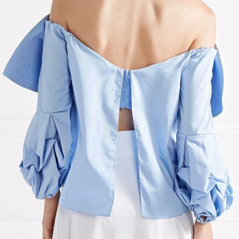  TWOTWINSTYLE Bandeau Bow Shirt For Women Backless Split Lantern Sleeve Short Blouse Autumn Female F