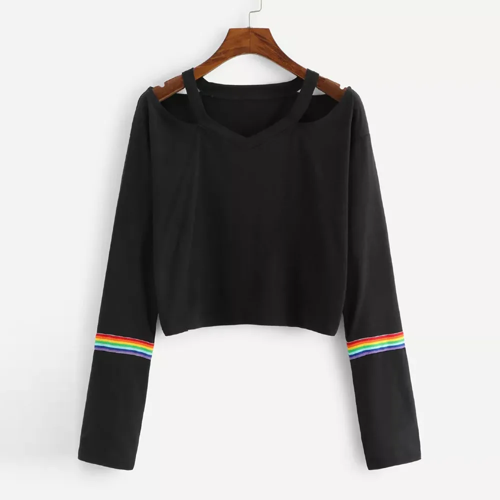 

Fashion Women T-Shirt Rainbow Patchwork Long Sleeve Autumn Top Hollow V-Neck Design Ladies Casual Crop Tops Shirt Clothes