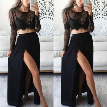 

2018 Sexy Fashion 2PCS Women Lace Floral Long Sleeve O-Neck Short Length Shirt Tops Evening Party Dress Ankle-Length Maxi Dress