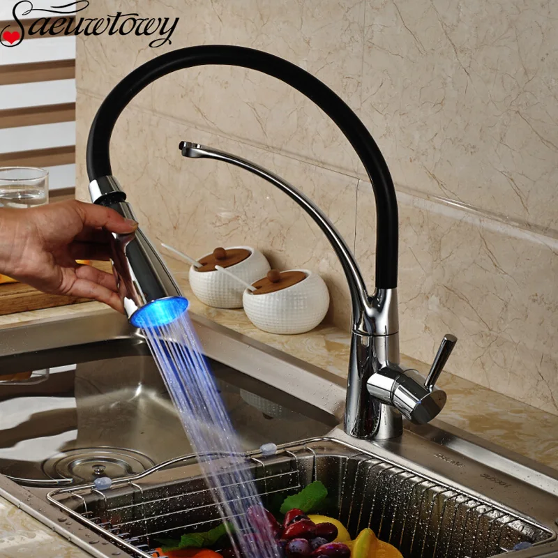 

Saeuwtowy Chrome Plus Black Hose Deck Mounted LED Kitchen Faucet Hot and Cold Water Mixer Tap