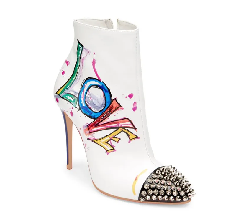 Bottes Mujer Hot Bottines Picture Rivet Hiver Balck Picture Court Femme Cheville As Automne Dames Graffiti À Talons as Botas Blanc Chaussures Mince Hauts Mode zzO1qnap