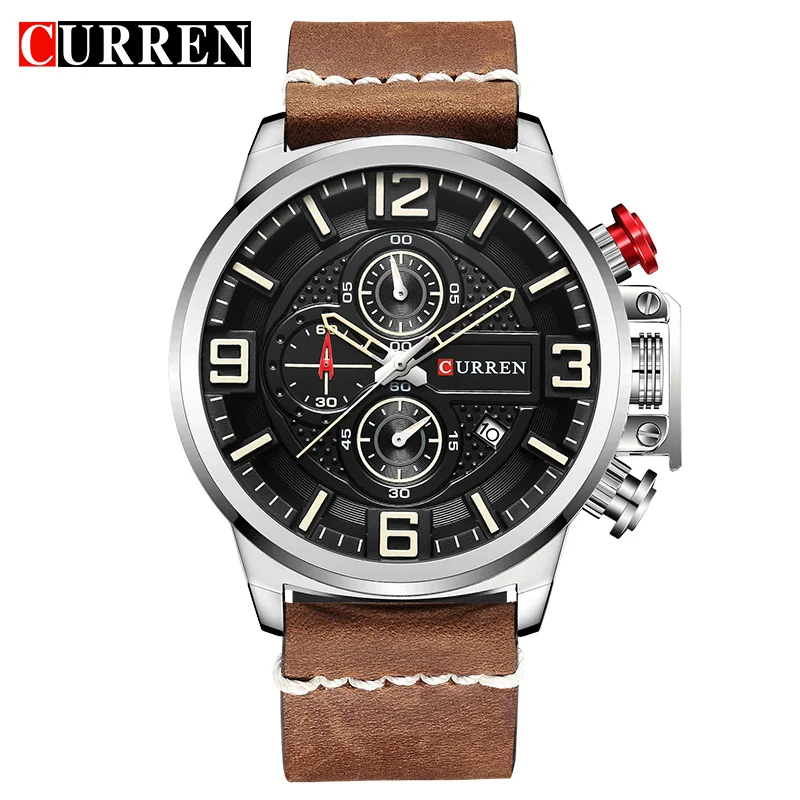 CURREN New Men Watches Fashion Sports Chronograph Red Wristwatch Waterproof Quartz Male Clock Relogio Masculino Montre Homme - Цвет: brown