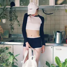 С длинным рукавом Купальник бикини на косточках укороченный топ Высокая Талия дно бикини комплект в полоску на косточках Купальники для девочек пляжная одежда