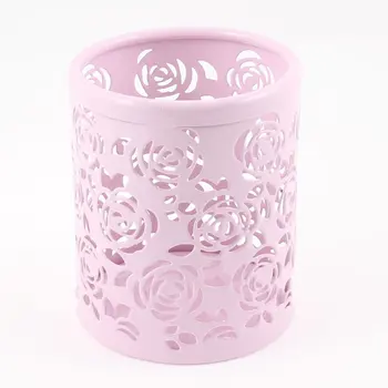 

SOSW-Light Pink Hollow Rose Flower Pattern Metal Pen Pencil Pot Holder Organizer