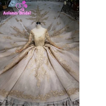 شراءفساتين زفاف رسمية مرصعة بالكريستال المرصعة بالكريستال ومزينة بالخرز مصنوعة خصيصًا بالدانتيل الذهبي من أحدث موديلات عام 2019