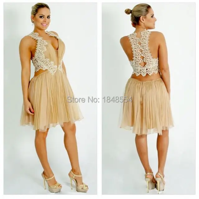 MZYC0031 halter neck lace applique knee length custom made robe de font b cocktail b font