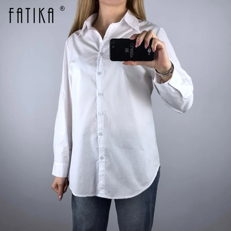  FATIKA 2019 Spring High Quality Loose Blouse Turn-Down Collar Long Sleeve Solid Basic Shirts Tops N