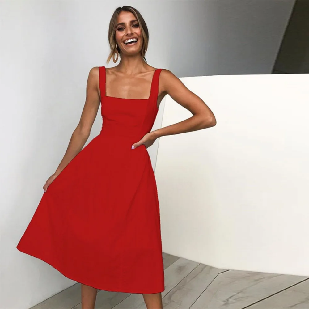 

Women Summer Sexy High Waist Nightclubs Simple Sling Solid Color Strap Dress