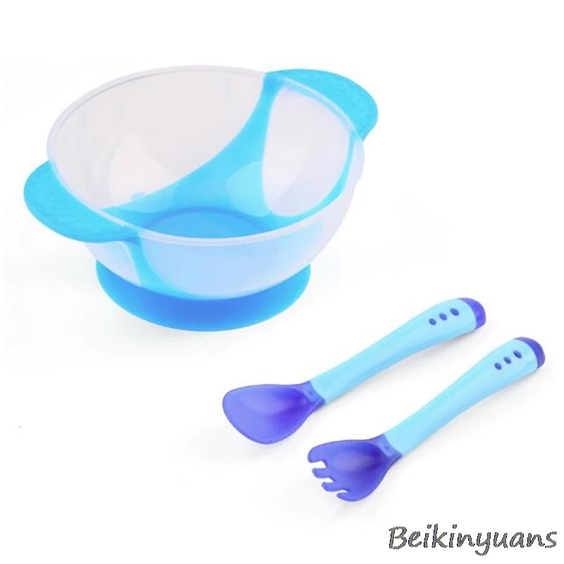 Для детей, есть посуду миска с присоской температура индукции ложка детские столовые приборы детское питание детская чаша - Цвет: Blue three