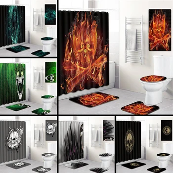 

pcs/set 3D Skull Printed Pattern Shower Curtain Pedestal Rug Lid Toilet Cover Mat Bath Mat Set Bathroom Curtains