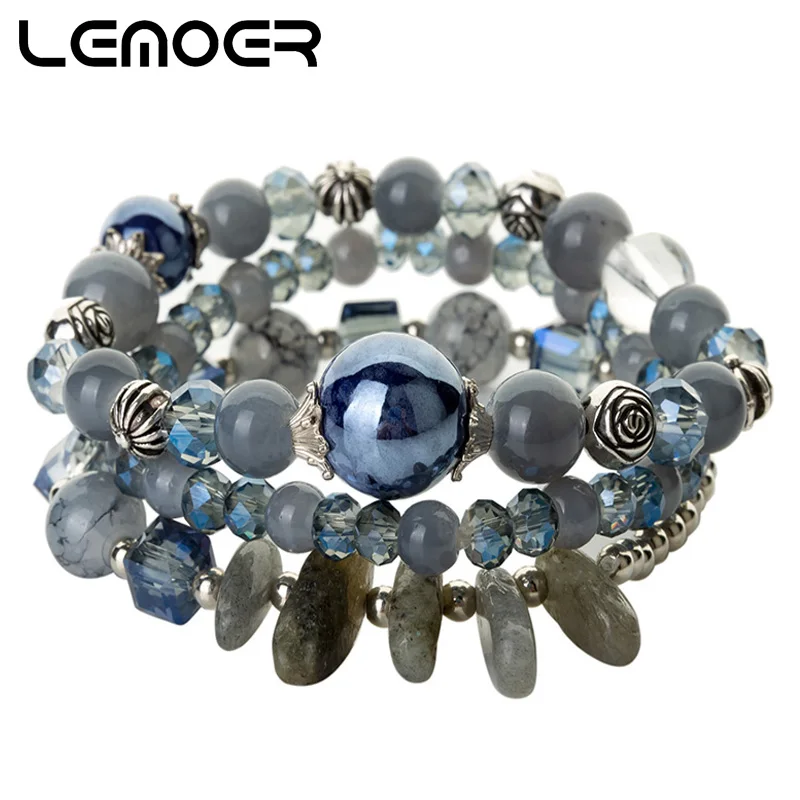 

LEMOER Handmade Natural Stone Charm Bracelets Crystal Beaded Strand Set Bracelets for Women Fashion Jewelry pulseras mujer 2018