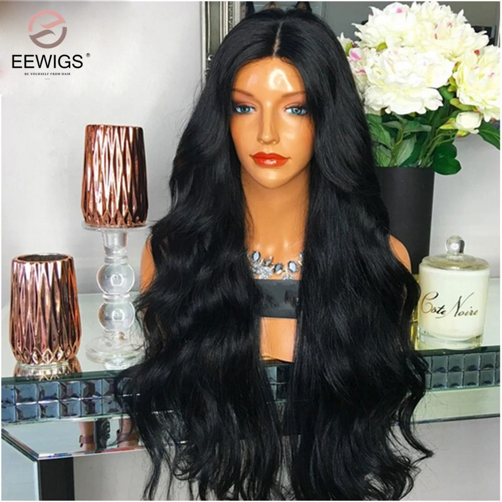 EEWIGS средняя часть синтетический парик на кружеве с естественной линией волос 180% Плотность термостойкие волнистые парики для черных женщин