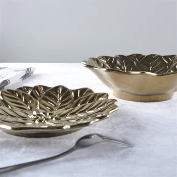 

Ceramic Plated gold embossed flower decor storage tray dishes plates fruit tray Snack plate jewelery storage box gift