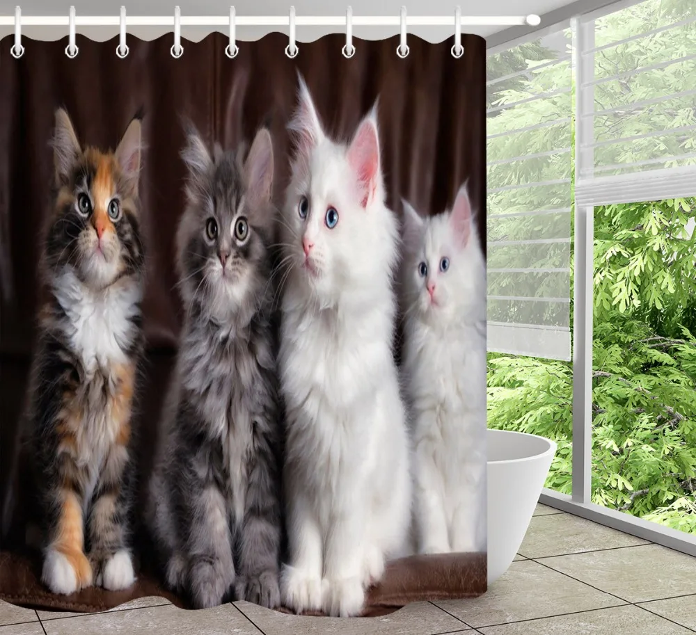 LB 3D Cute Funny Cat Shower Curtain Set Hooks Waterproof Polyester Fabric Animal Bathroom For Kids Bathtub Decor | Дом и сад