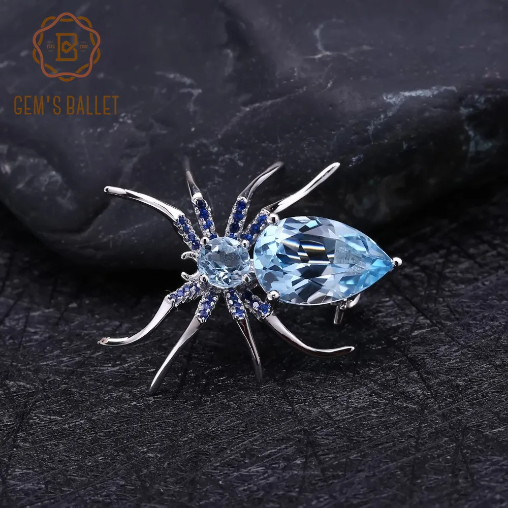 

GEM'S BALLET 5.9Ct Natural Sky Blue Topaz Spider Brooches Sterling Sliver 925 Gothic Vintage Brooch For Women Party Fine Jewelry