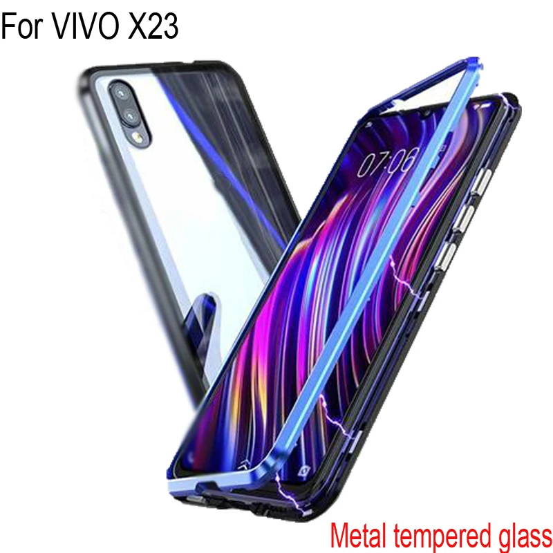 

Luxury Magnetic Adsorption Case For VIVO X23 x23 Metal Frame Clear Tempered Glass Cover For VIVO X 23 Magnetic Flip Cases Coque