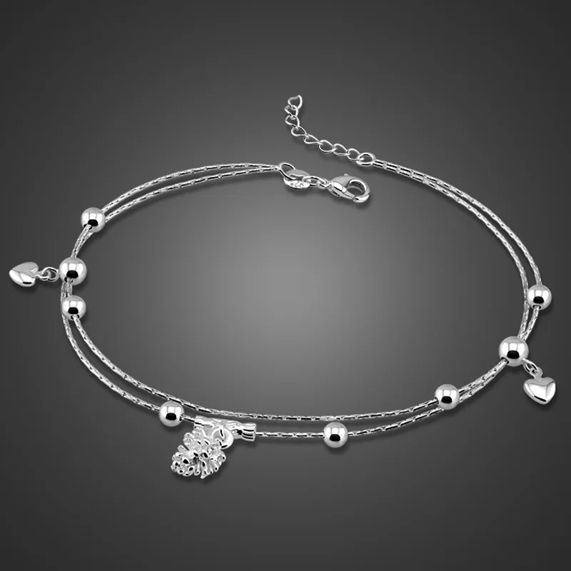 

Fashion double sterling silver anklet. Simple Solid 925 Silver Heart Pendant Anklet for Women. Cute silver pine nuts jewelry