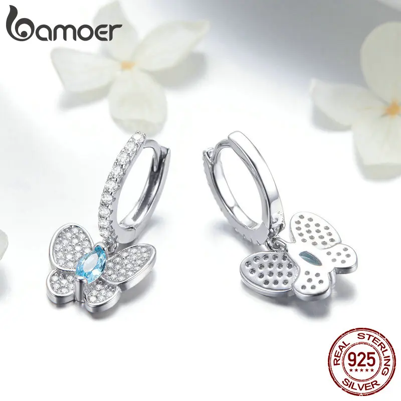 Najtaniej BAMOER oryginalna 925 Sterling Silver Luminous wyczyść CZ Butterfly kryształowe kolczyki dla kobiet biżuteria zaręczynowa ślubna SCE513