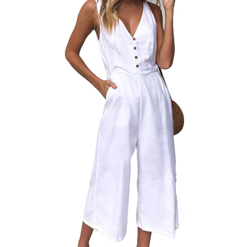 yashangyi Macacao Feminino Rompers Womens Jumpsuit 2019 V-Neck Summer Casual Button Long Pants Wide Leg Jumpsuits Femme