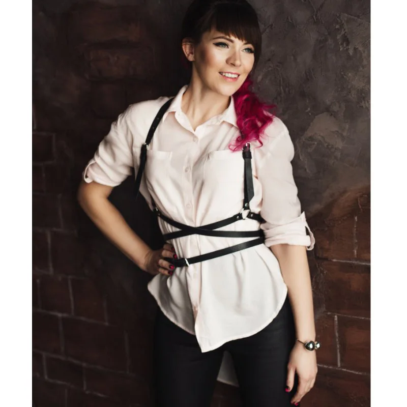 

Fashion Three layers Faux leather material harness shoulder wraped waist straps suclpting belt Punk harajuku garters
