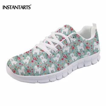 

INSTANTARTS Cute Dog Flower Pattern Women Spring Lace-up Sneakers Shoes Maltese Bichon Frise Pug Westie Flower Girl Casual Shoes