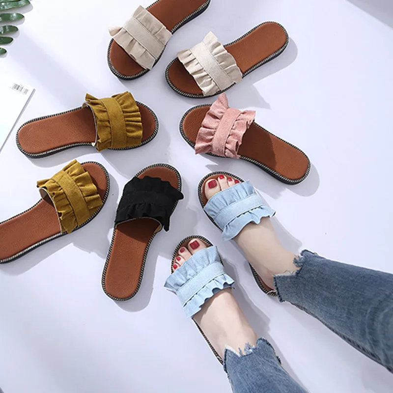 

2019 New Shoes Woman For Summer Open Toe Anti-Skid Flat Slipper with Ruffles Band for Outdoor Indoor WML99
