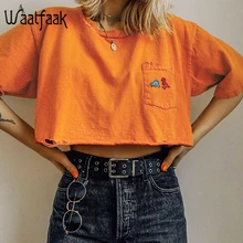 Waatfaak отверстие Оранжевая женская негабаритная футболка уличная хип хоп Футболка Embrodiery Карманный Хлопок Летняя укороченная футболка Короткие топы