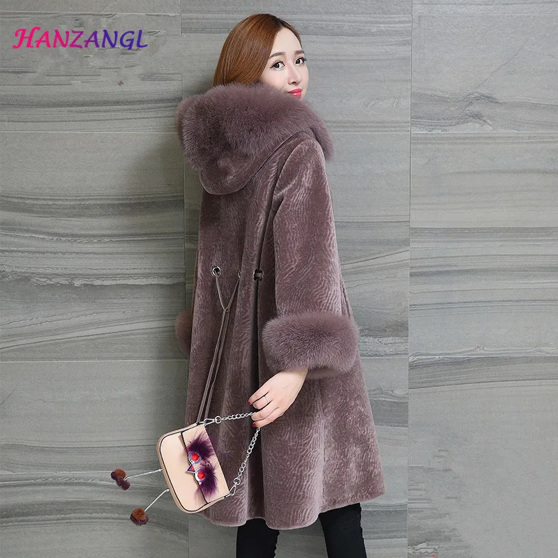 HANZANGL женские шубы из искусственного меха пальто зима длинный 9/10 рукав лисий мех куртка с капюшоном теплое длинное пальто 5 цветов S-3XL