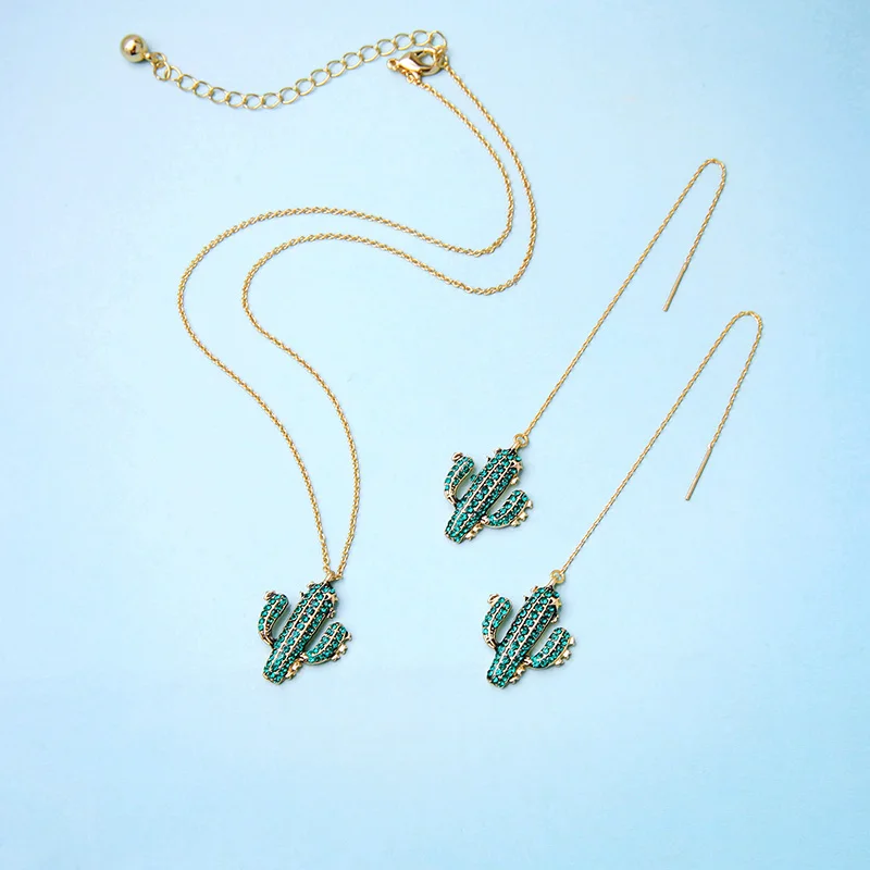 

Cactus Green Crystal Drop Earrings Gold Color Pendants Necklace For Women Gift Dating Fashion Jewelry Sets Accessories