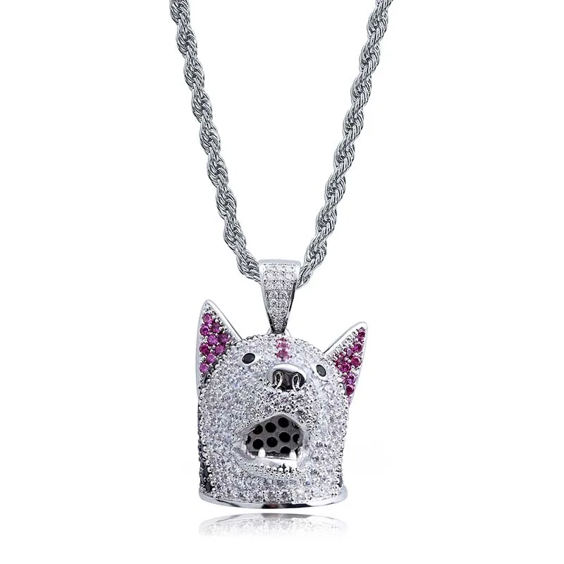 

Copper Cubic Zircon Hip Hop JewelryDog head Pendant Necklace Stainless Steel Chain Iced Out Chain Pendants dropshipping