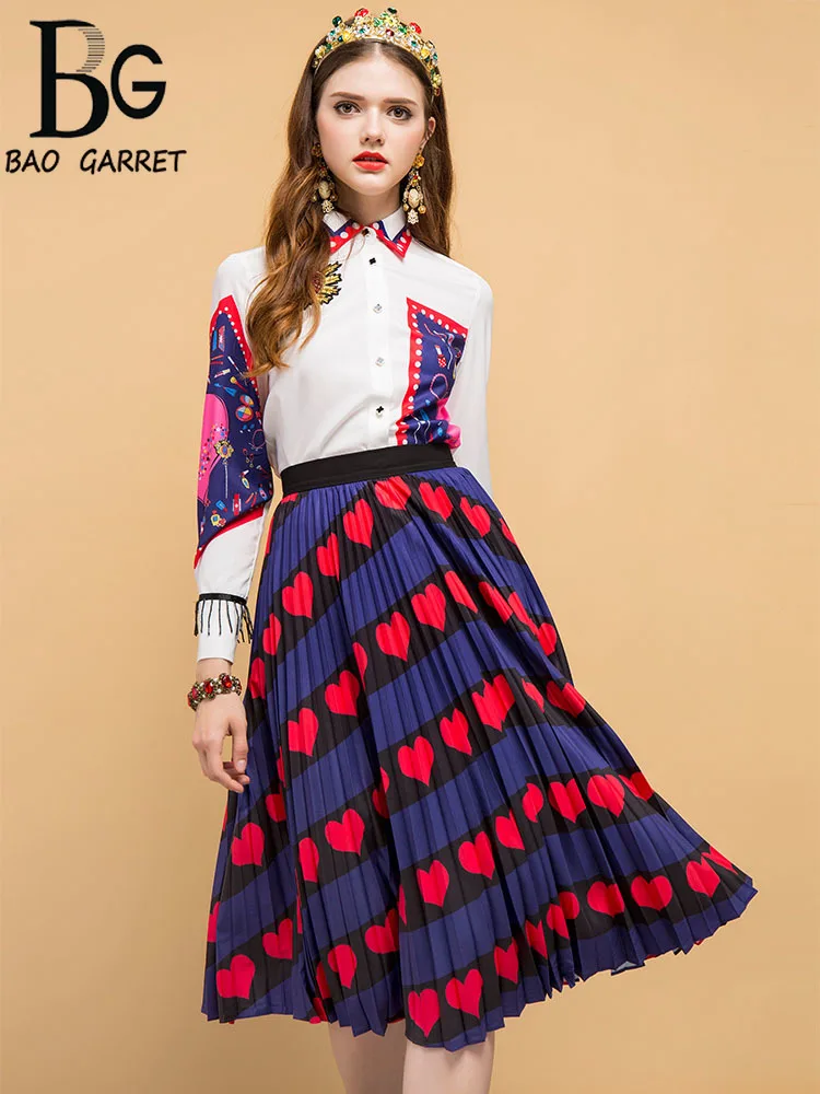 

Baogarret Fashion Designer Spring Suits Women's Crystal Beading Embroidery Tops+Pleated Heart Printed Skirt Two Pieces Set