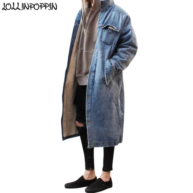 Long Style High Street Men Denim Trench Coat Retro Blue Denim Jacket